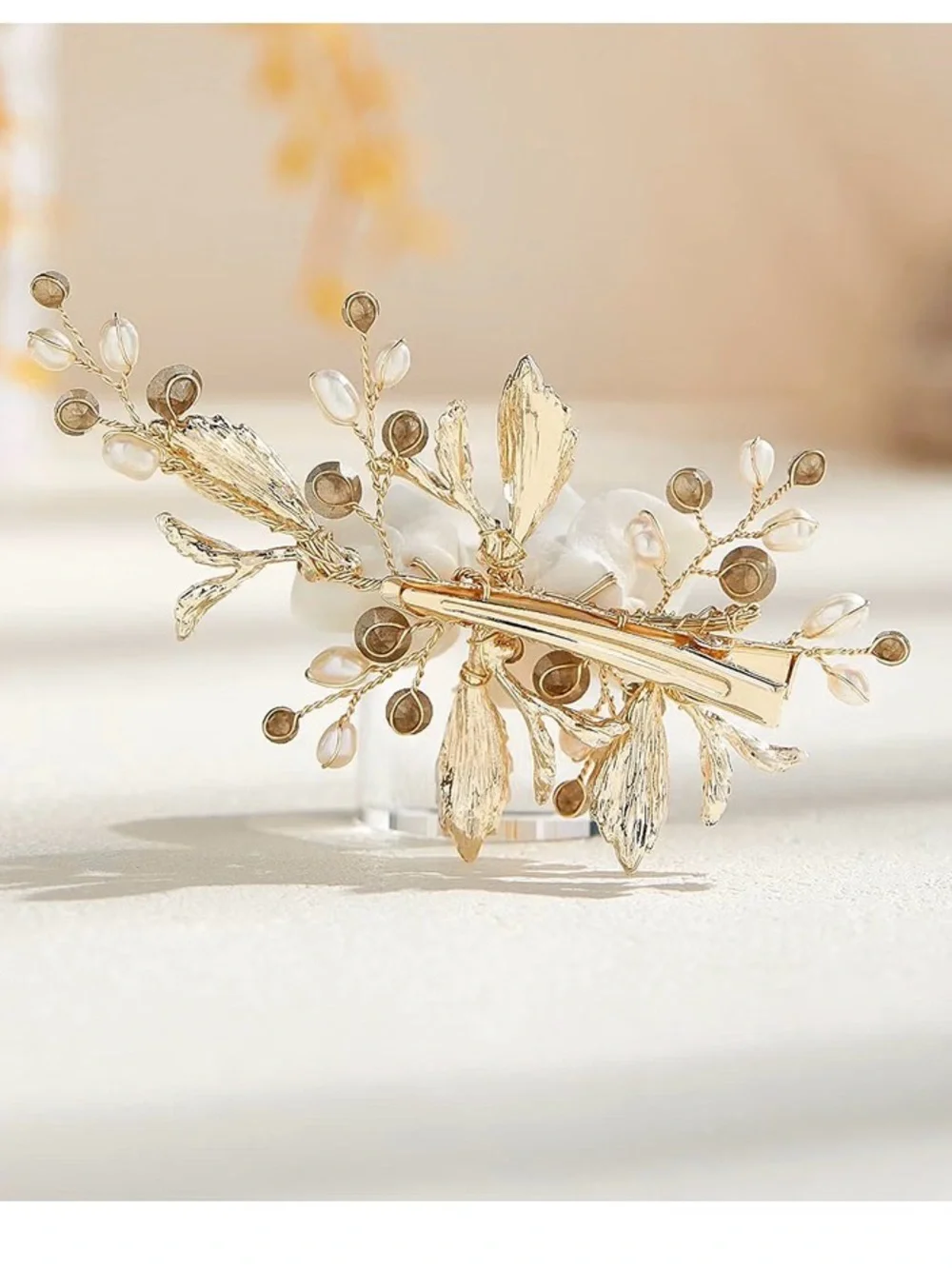 Elegant Cream Floral Hair Clip with Gold Leaves